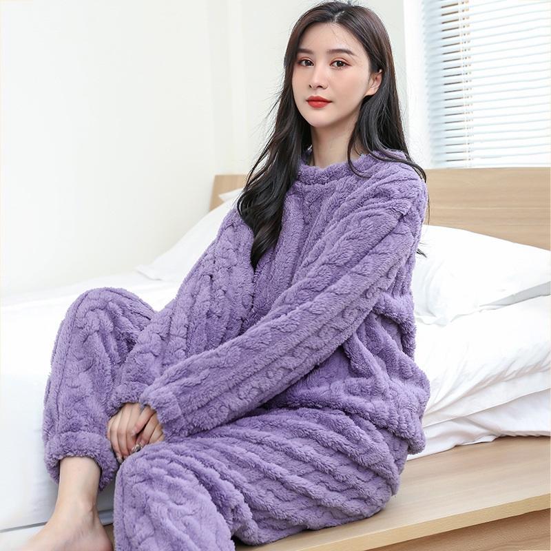 Winter Solid Color Jacquard Men's And Women's Pajama Set Cozy Thickened Warm Homewear Sleepwear Loungewear Set