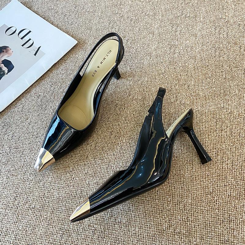 G8727-1 Baotou High Heels Women's 2025 Summer New Metal Square Head Thin Heel Black Sandals Imperial Sister Single Shoes