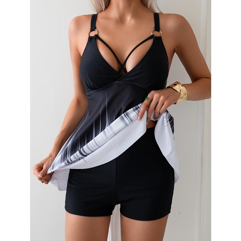 Costum de baie Split Boxeri cu Imprimeu European și American pentru Femei, Conservator, pentru Băi Termale, Tankini