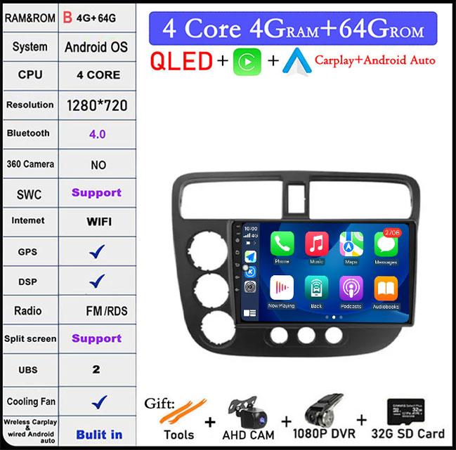 9 Lnch For Honda Civic 7 2000-2006 QLED Android 14 Car Radio Multimedia Video Player GPS AI Voice 4G CarPlay Head Unit Stereo