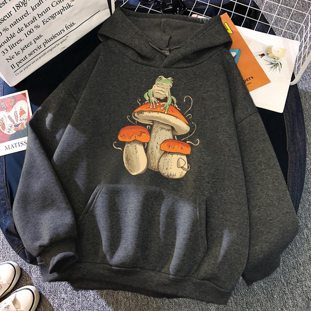 Funny Frog Print Round Neck Hoodie Aesthetic Mushroom Pattern Hoodie Women Unisex Fashion Long Sleeved Hoodie Fashion Pullover Casualwear