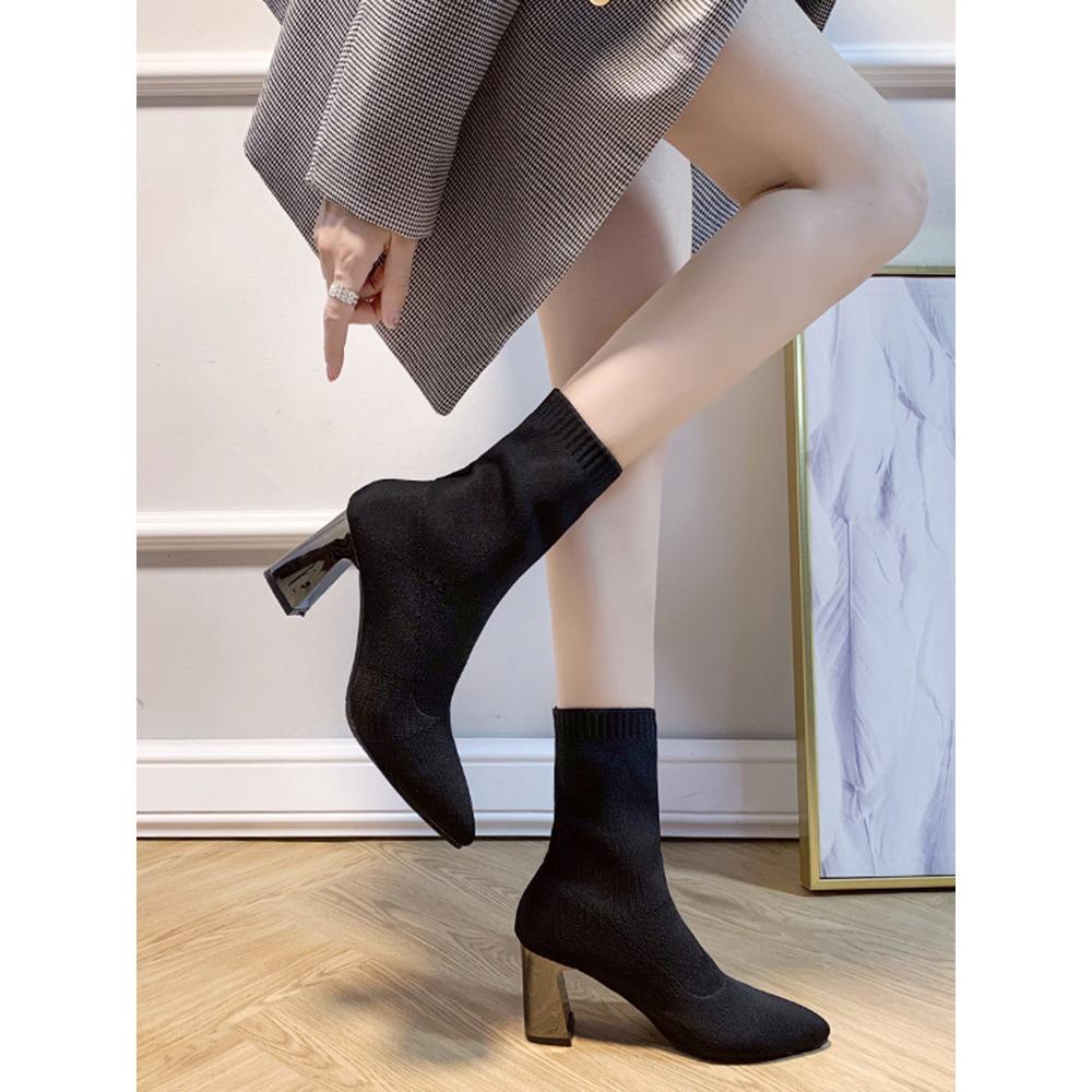 Damen Flyknit Elastische Socken Stiefeletten, Spitze Zehenpartie, Blockabsatz, Schlankmachendes Design, Europäischer/Amerikanischer Stil - 2025 Frühjahr/Herbst Kollektion