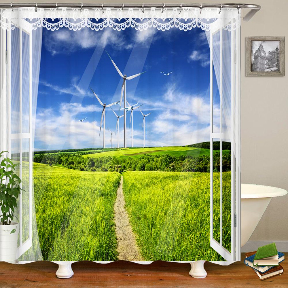 3D window opening scenery window landscape printed shower curtain mildew washable curtain bathroom decoration with hooks curtain