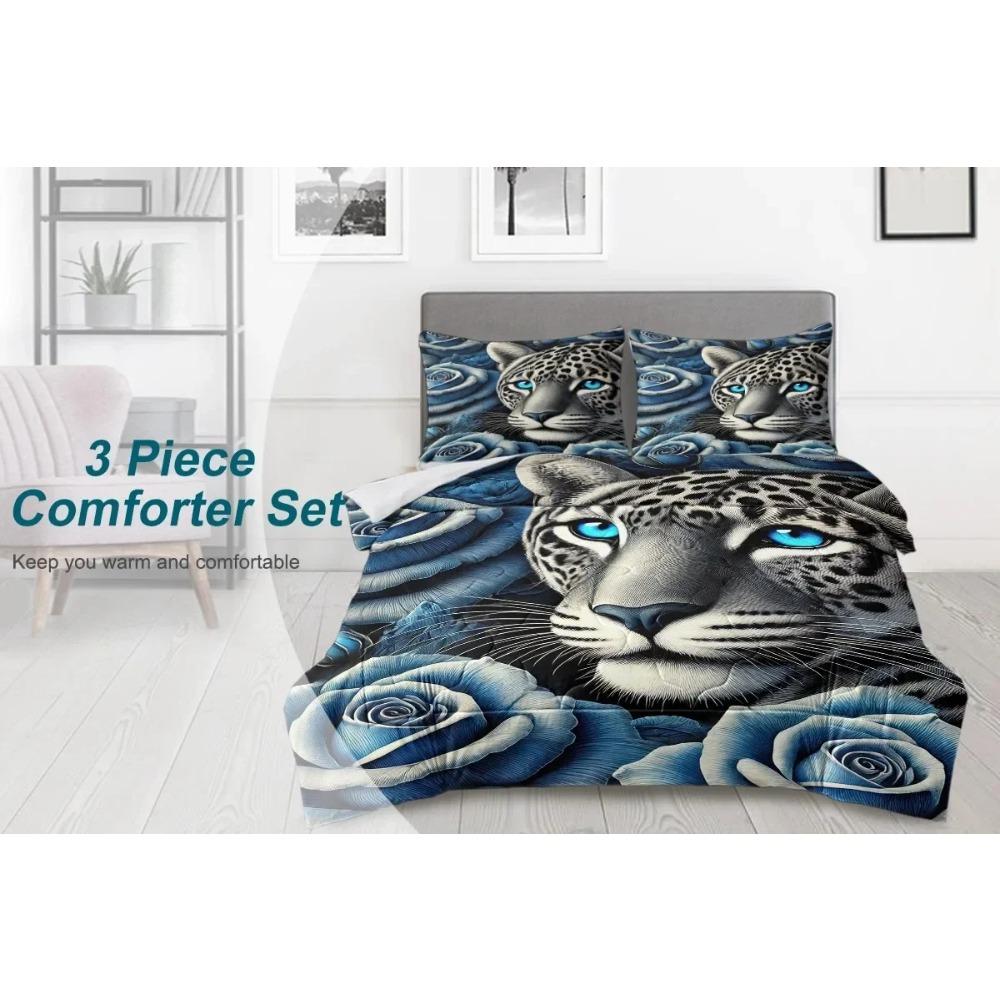 3 Pcs Blue Rose Snow Leopard Bedding Sets Black Woman with Big Earrings Bed Set Comforter with Comforter & 2 Pillowcases
