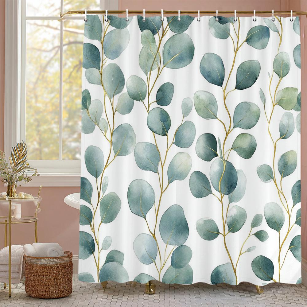 Tropical Green Leaves Monstera Pattern Shower Curtain, Bathroom Decorative Shower Curtain, Print Polyester Curtain with Hooks 90x180cm-35x70in