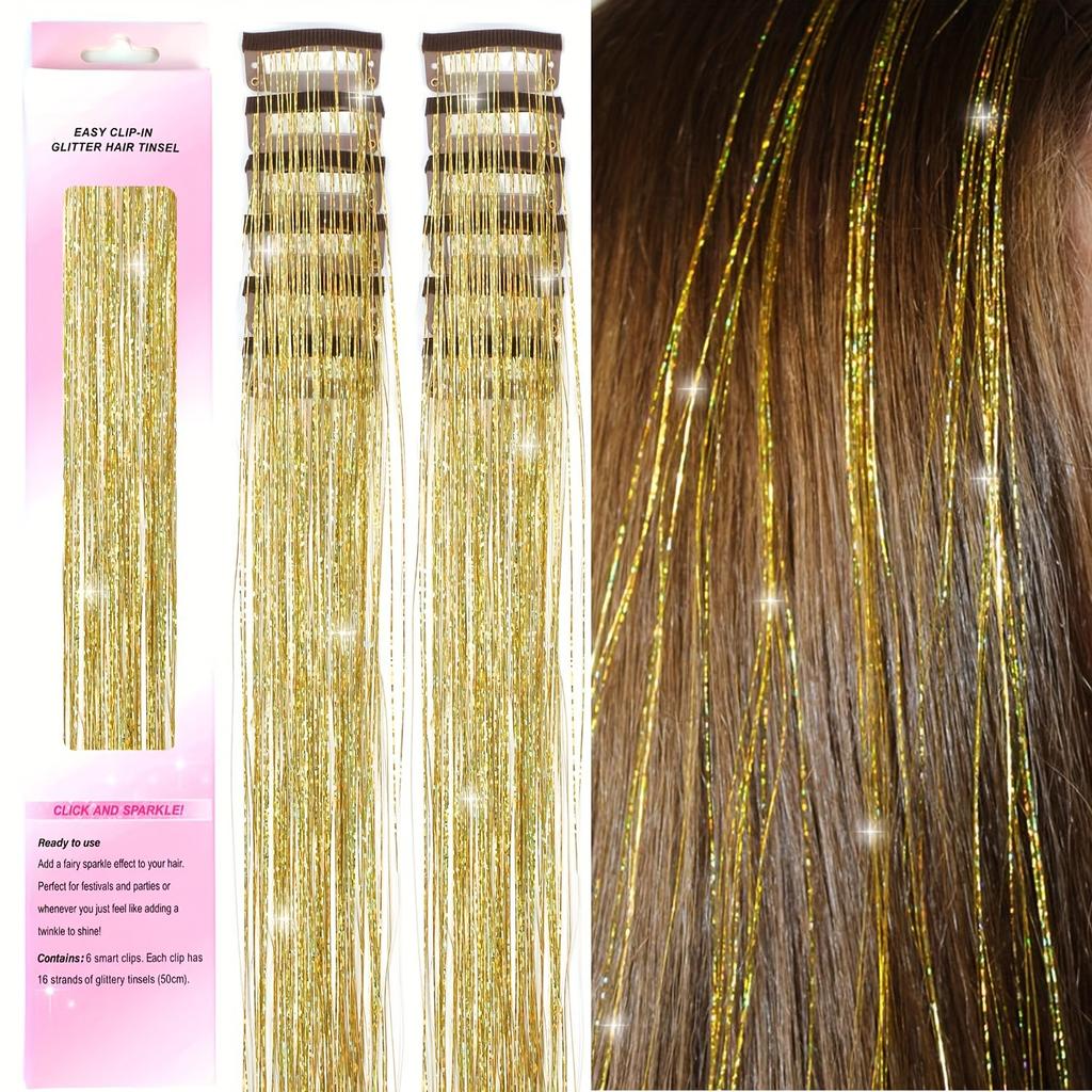 12pcs Clip-in Hair Extensions – Holographic Rainbow Straight Hair Pieces with Gold Thread, Heatless Colorful Highlights for Festival & Party