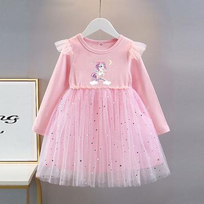 Girls' Unicorn Dress Spring/Fall Children's Long-Sleeve Princess Tulle Dress