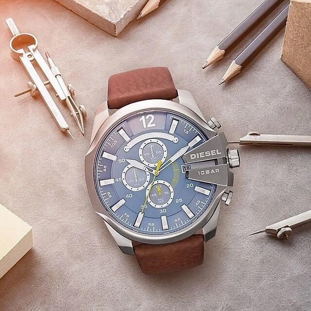 Diesel Męski zegarek DZ4281 brązowy pasek niebieska tarcza 51 mm + pudełko