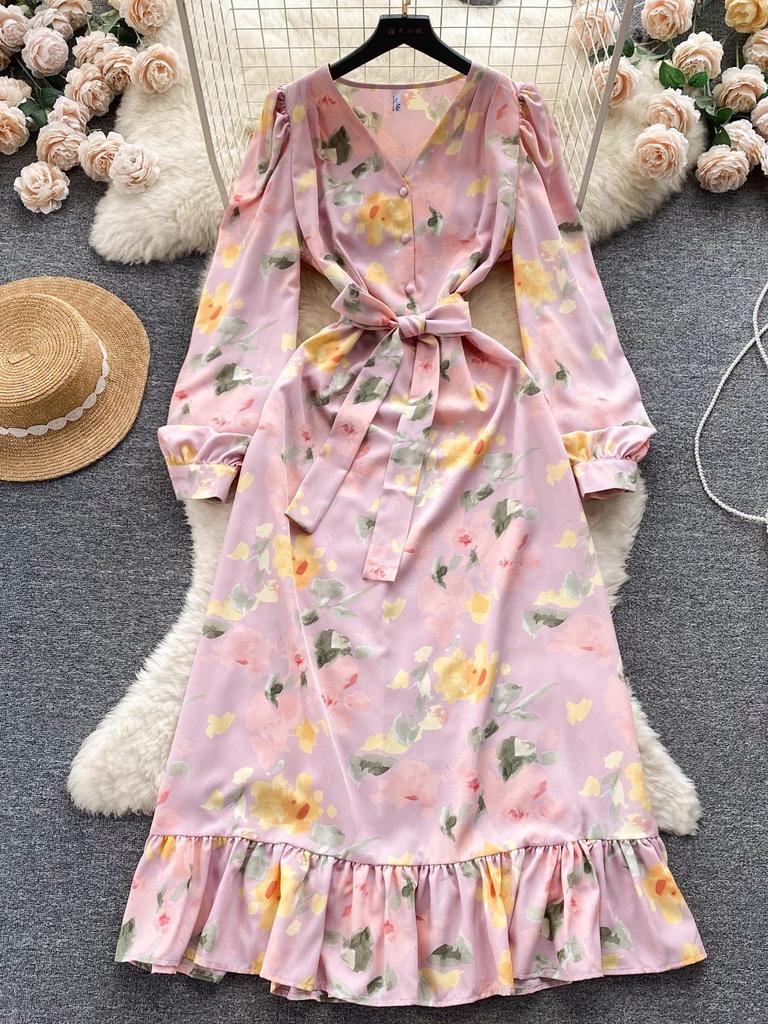 Fashion Flower Print Γυναικείο Φόρεμα Φθινοπωρινό Κομψό Vintage Επίδεσμος Μακρύ μάξι Φόρεμα με βολάν πάρτι Vestidos