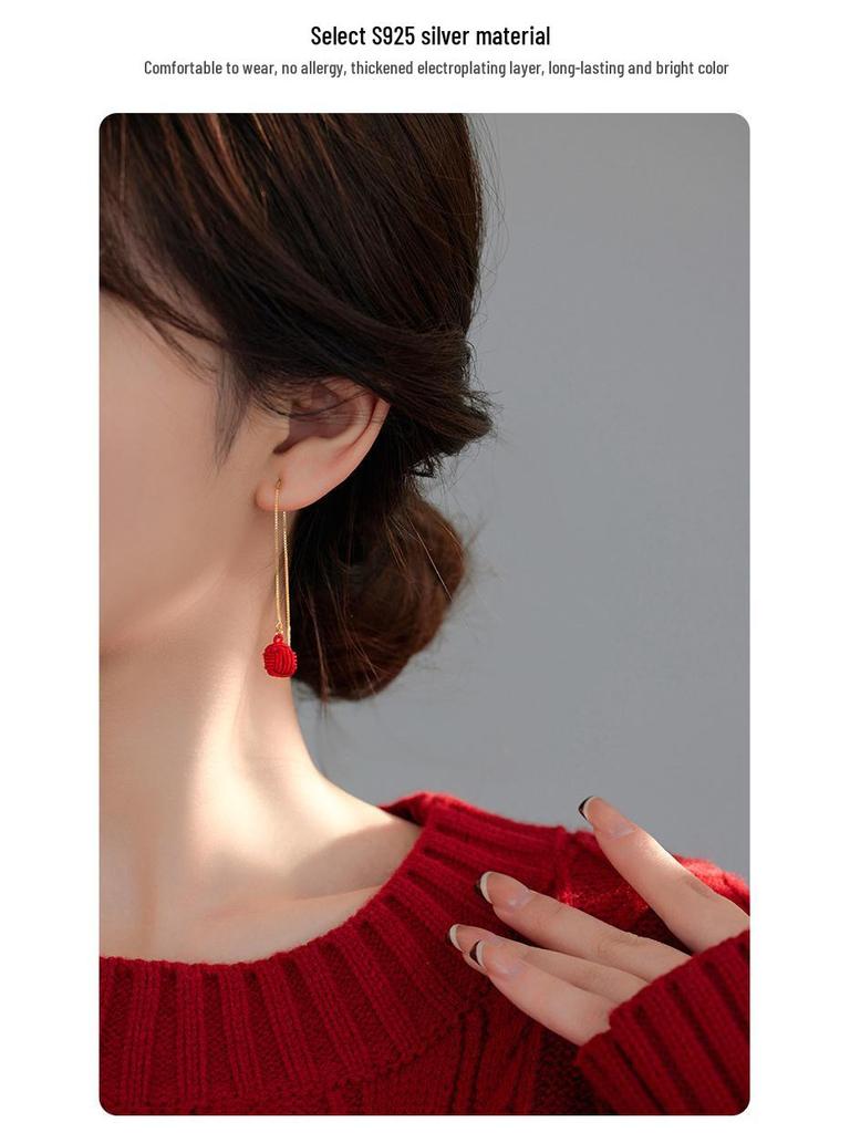 Banyan Tree S925 Silver Heart Knot Festive Long Red New Year Earrings for Women