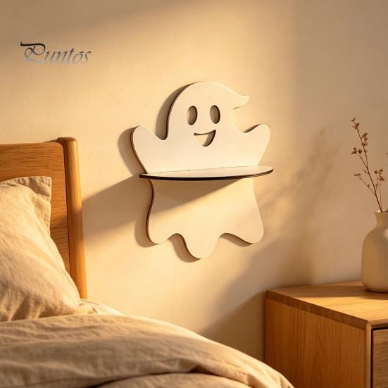 Hollowed Hanging Ornament Halloween Wooden Wall Shelf, Ghost Bat Shape Organizer for Mounted Shelf Home Decor, Spooky Farmhouse Display Rack, Festive