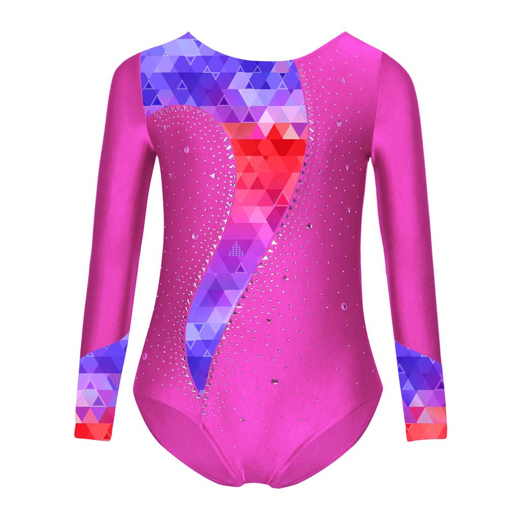 Mädchen Turnanzug Gedruckt Patchwork Glänzende Strassstein-Verzierung Langarm Overall Bühnenkostüm