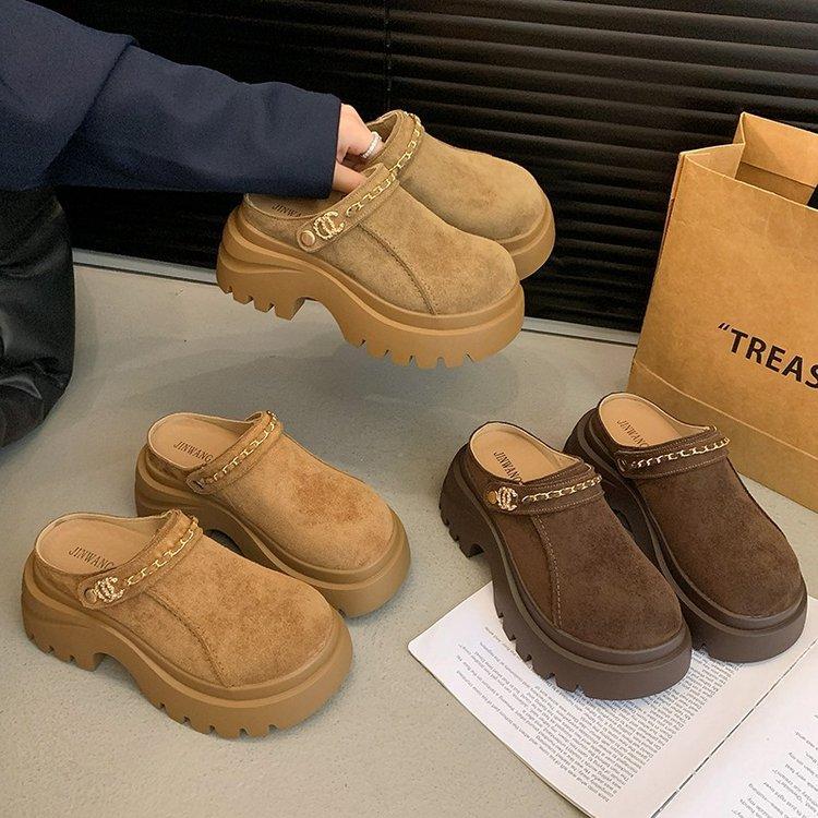 Thick-soled Heightening Bag Head Half Slippers Women's 2025 Autumn New Versatile Muffin Bottom Heightening Small Women's Shoes