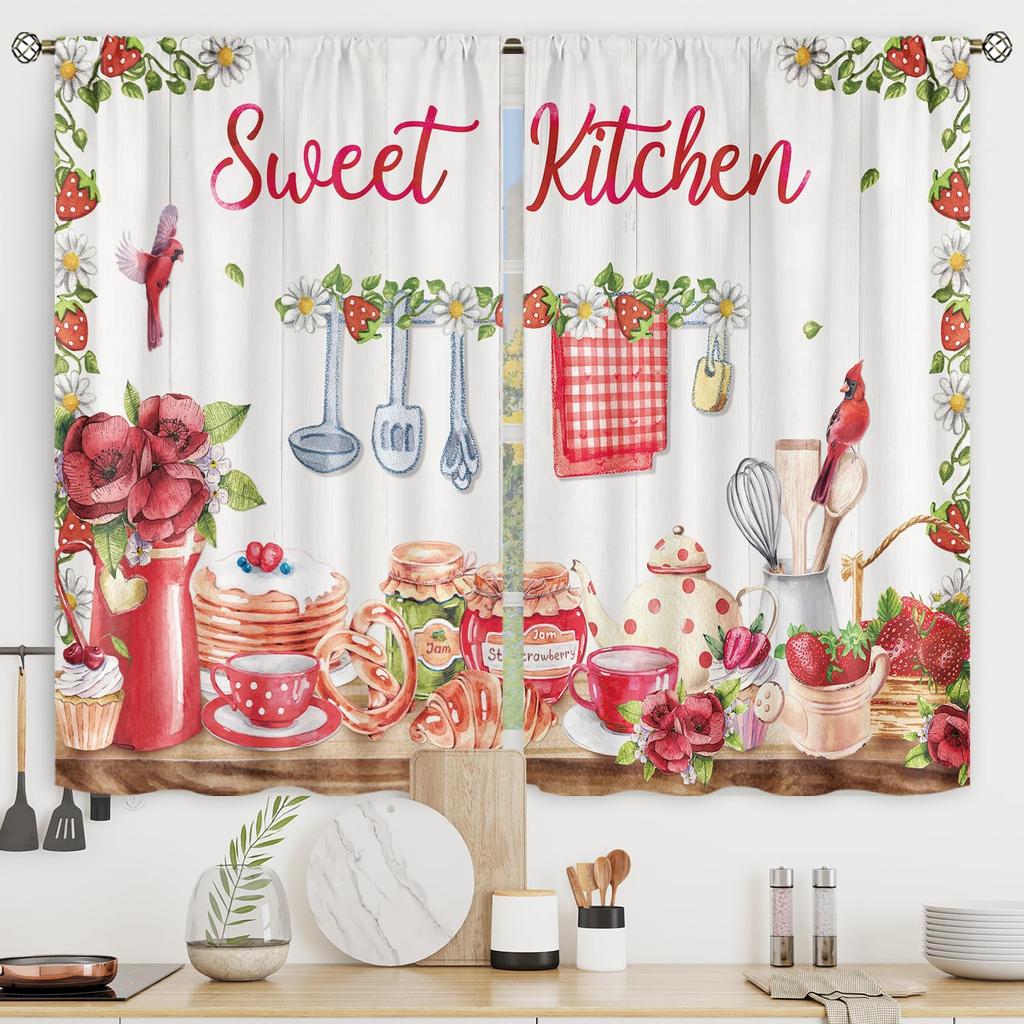 Panels Rustic Kitchen Curtains Small Short Strawberry Floral Fruit Dessert Wood Board Red Watercolor Farmhouse Made Of Polyester Window Treatment