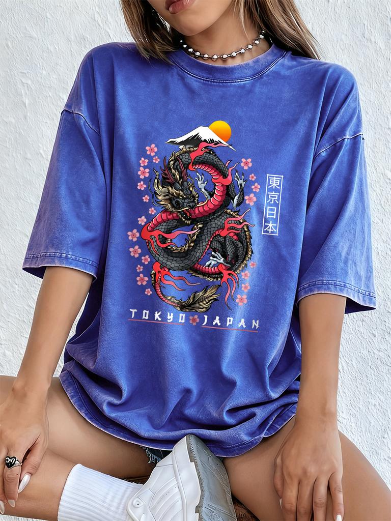 Tokyo Japan Dragon Cotton Washed TShirts Womens Summer Oversized Tops ONeck Comfortable Short Sleeve T Shirt Basic Clothes