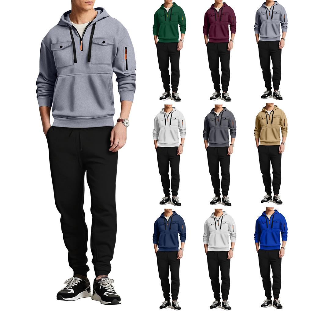 Men Multi Pocket Casual Zipper Pullover Hoodie Set