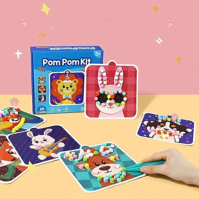 Kids Gifts PomPom Crafts Set Cute Animal PomPom Art Kit Crafts DIY Sensory Activity Set Birthday Gift for Kids Ages 3+