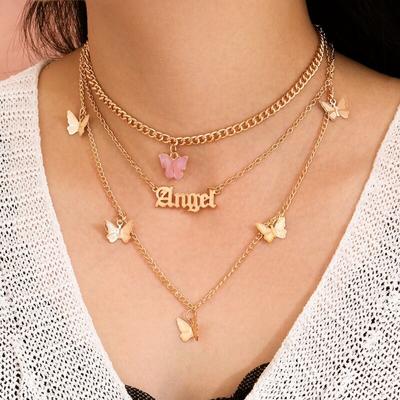 1pcs Gold Necklace Ladies Minimalist Style Sweet Pink Acrylic Butterfly Series Multi Layer Side Chain Jewelry