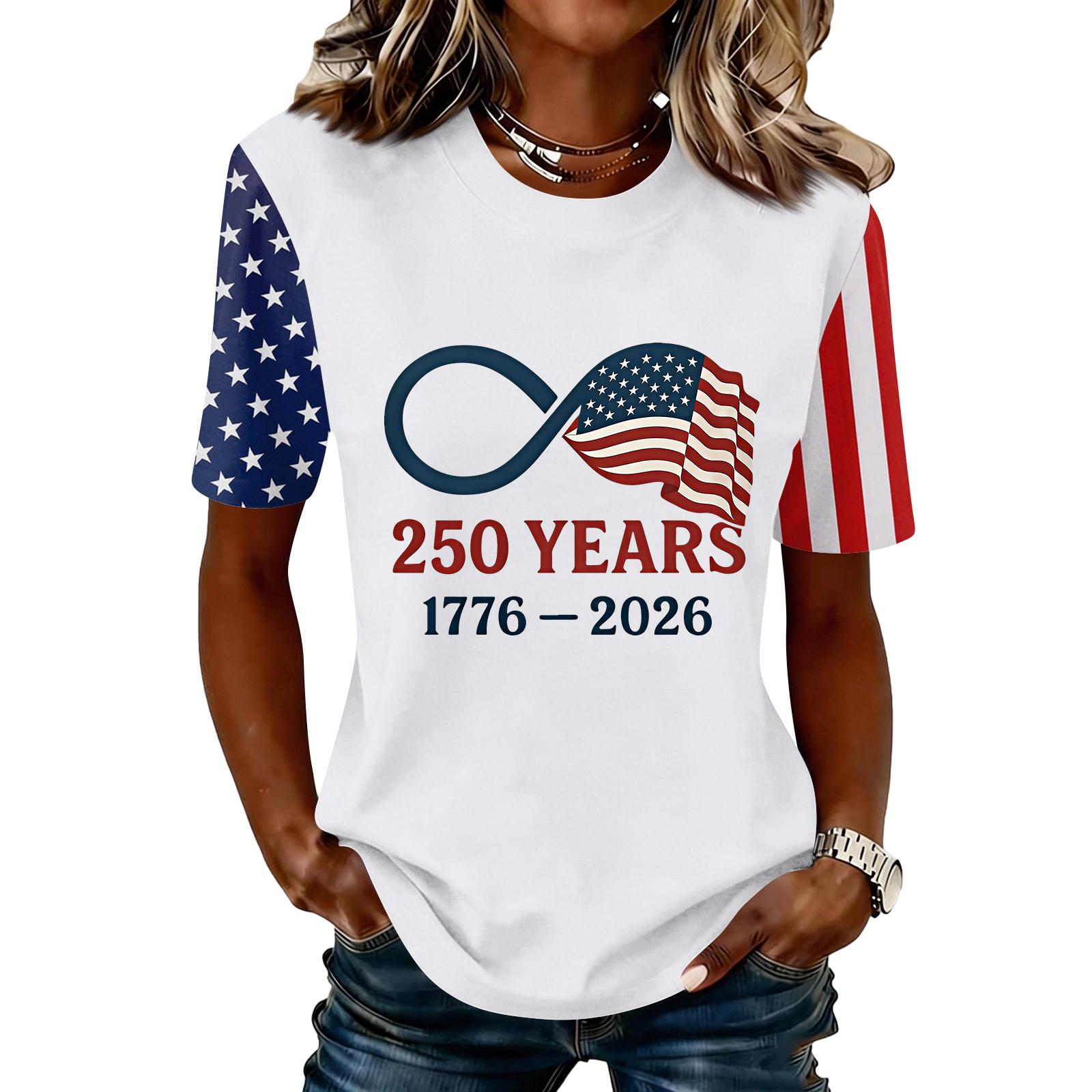 

Womens Short Sleeve T Shirt Flag 250 Years Print Crew Neck Casual Fit Lightweight Top Tee XL білий