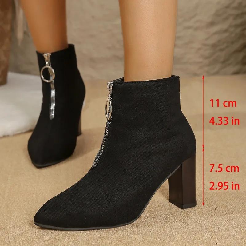 2025 Stylish Women's Boots Pointed Toe Thick Heel High Quality Leather Autumn Mature Ankle Boots Casual Comfortable Shoes Ladies