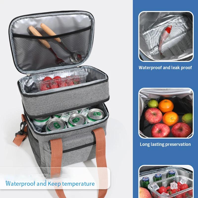 Double Layers Thermal Lunch Bag Large Capacity Lunch Box Portable Crossbody Outdoor Picnic Bag Ice Pack Multi Functional Waterproof Handbag Bento Bag