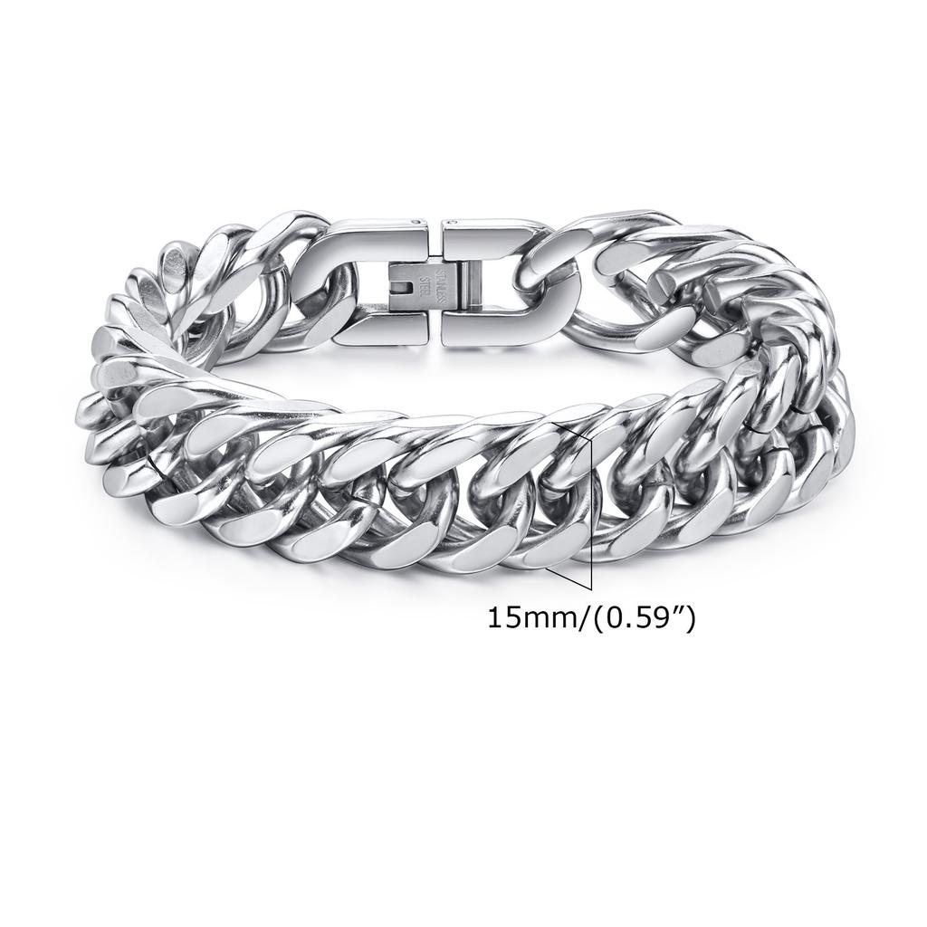 Stylish Double Curb Chain Bracelets for Men Boys,8/10/12/15mm Stainless Steel Miami Link Wristband,Punk Zircon Gifts