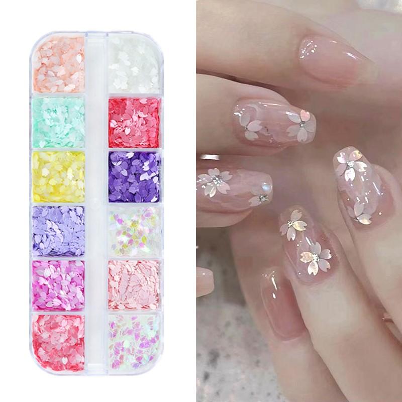 6/12 Komórki Płatki Kwiatu Wiśni Brokatowe Sequins Holograficzne Płatki do Zdobienia Paznokci Mieszane Iridescentne Proszki Dekoracja Paznokci