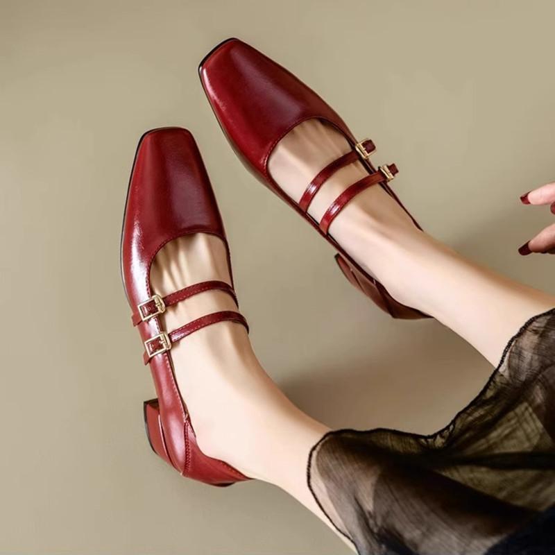 Fashion French Style Leather Mary Jane Shoes Women Sexy Low Square Heel Flats Fashion Double Buckle Strap Design Casual Shoes for Women