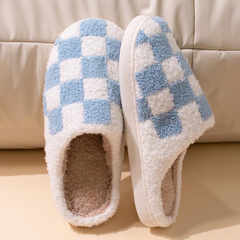 Fashion Fashion Mixed Color Plaid Cotton Slippers Women Comfort Soft Sole Plush Home Slides Woman 2025 Indoor Non Slip Fluffy Slippers