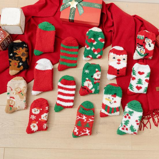 Yousheng 1 Pair Christmas Socks Snowmen Reindeer Santa Claus Bell Pattern Mid-tube Socks Coral Fleece Warm Thermal Socks