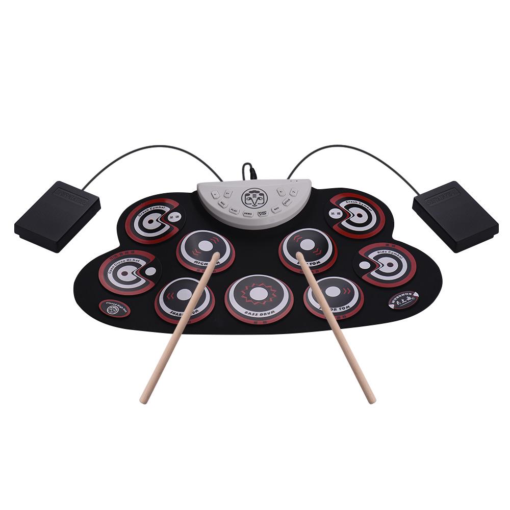 Portable Silicone Drum Pad Electronic Folding Drum Set With Drum Sticks Foot Pedals Cartoon Design