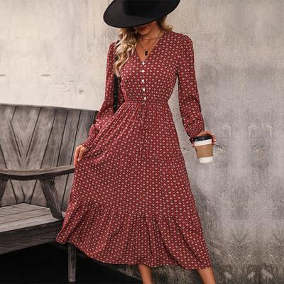 Mode Polo Dot Button Dekoration Damen V-Ausschnitt Langarm bedrucktes Herbst Pullover Kleid