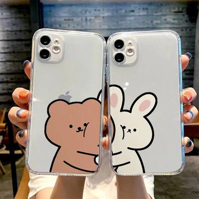 Funny Bear Rabbit Paret telefondeksel for iPhone 15 16 12 11 13 Pro Max Mini XR 8 14 Plus SE3 Clear Lovers Cover Fundas