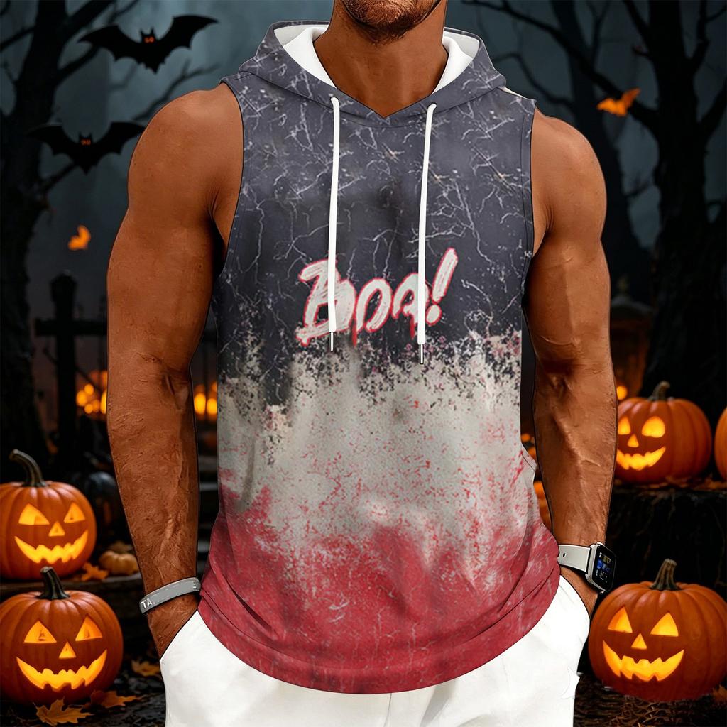 Men's Halloween Printed Hooded Sleeveless Drawstring Vest Casual Top