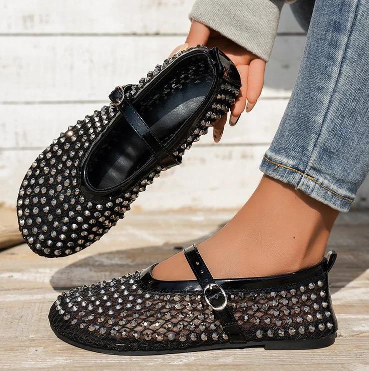 Fashion Mesh Breathable Rhinestone Fashion Versatile Women's New Foreign Style Niche Belt Flat Soft Soled Mary Jane Shoes Womens Shoes