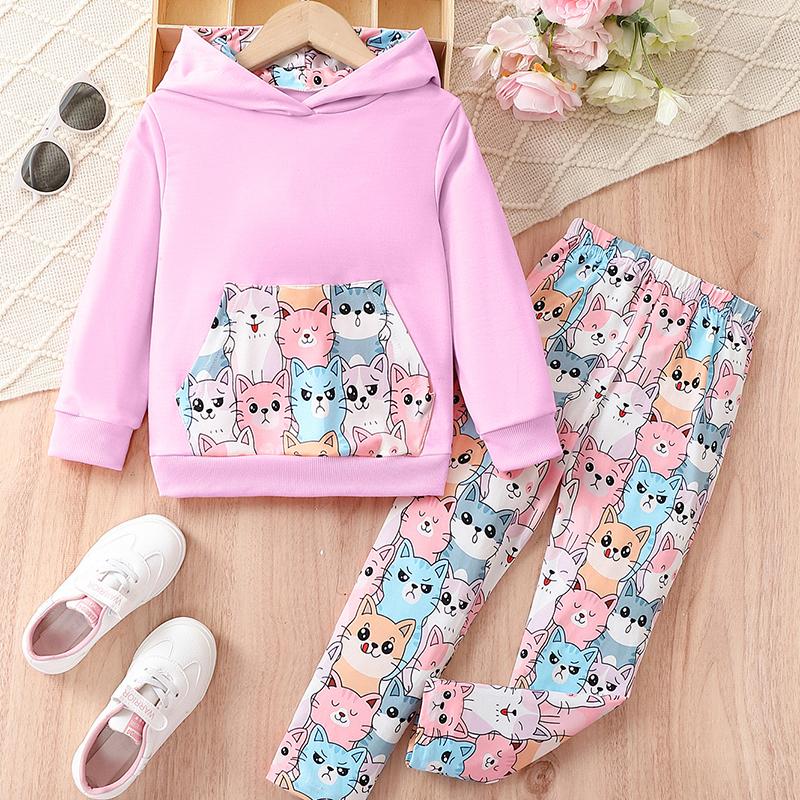 

Весна Осень Детская Одежда Комплекты Девочек Милый Мультфильм Кот Длинный Рукав Пуловер Толстовка Топ + Брюки Детская Спортивная Одежда 7Y