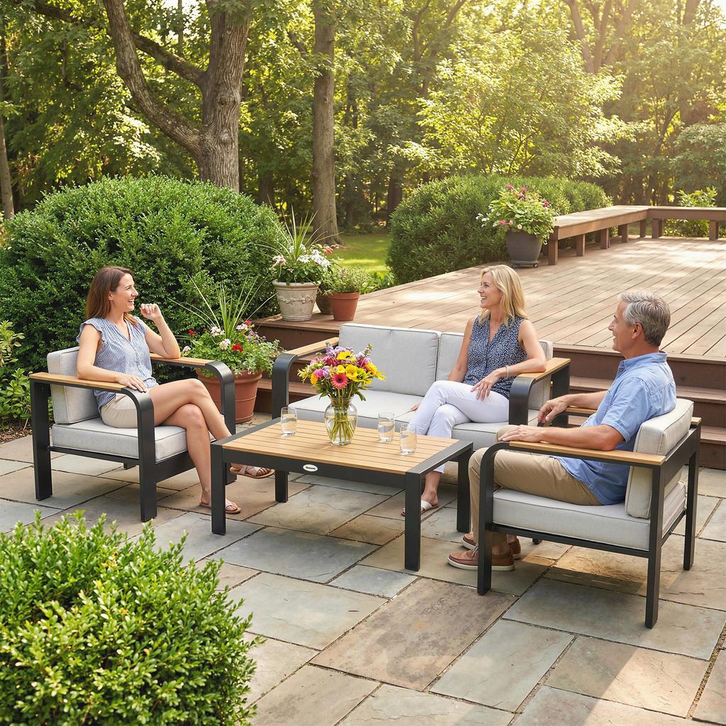 Garden Furniture Set Aluminum Seating Group for 4 People Water-Repellent Extra Deep with 2-Seater Sofa 2 Armchairs Side Table