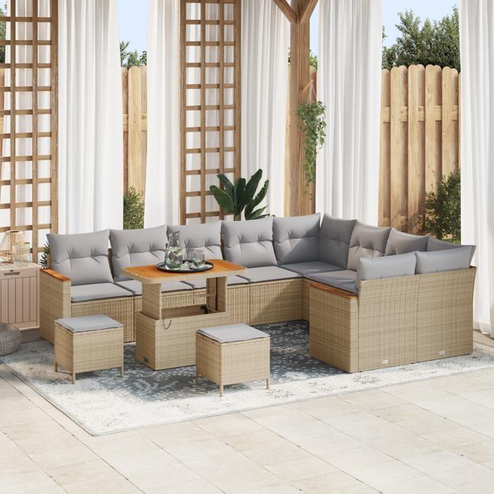 Ensemble de 12 Canapés de Jardin avec Coussins Beige Rattan Poly Acacia, Ensemble de Dîner de Jardin 3 Pièces 3365037