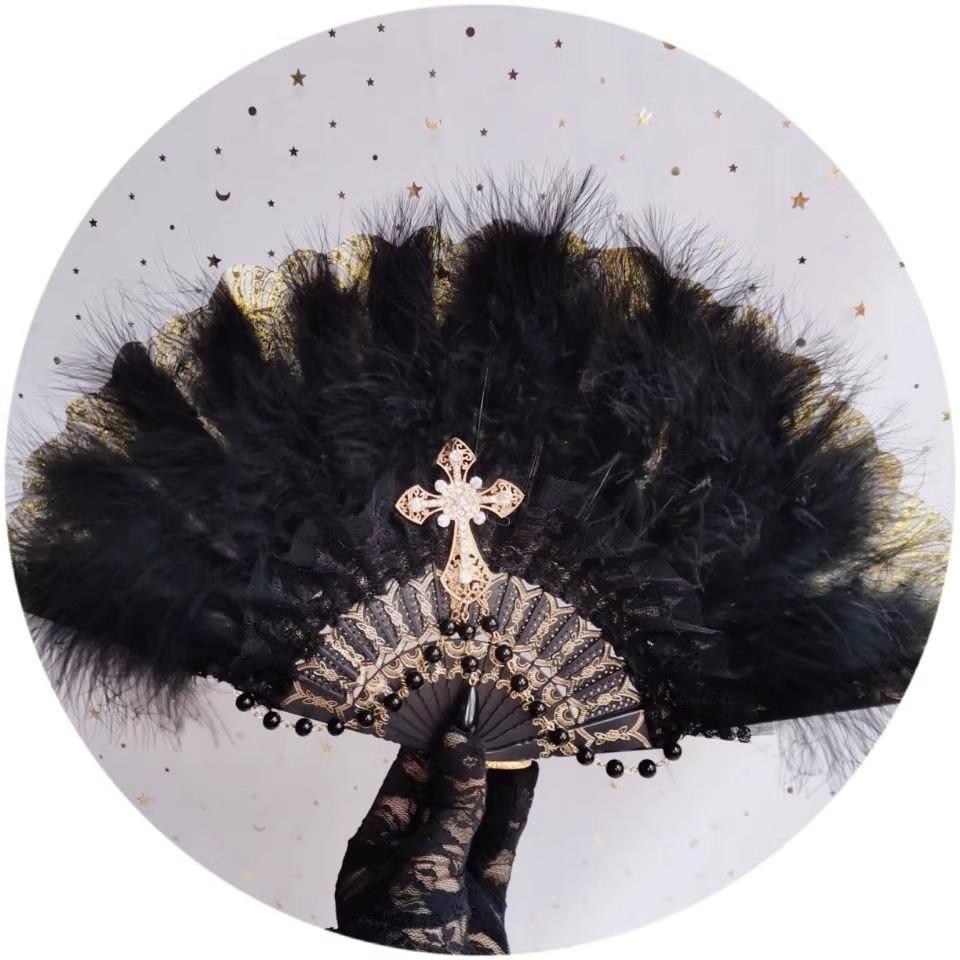 Perlweiß Federn Vintage Goldprägung Faltfächer Lolita Harajuku Gotischer Retro-Stil Tragbarer Handfächer Geschenke