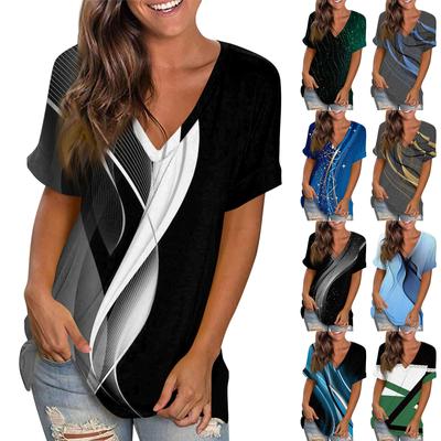 Women's Fashion Casual V-Neck T-Shirt Colour Block Splicing Printed Short Sleeve Loose Top