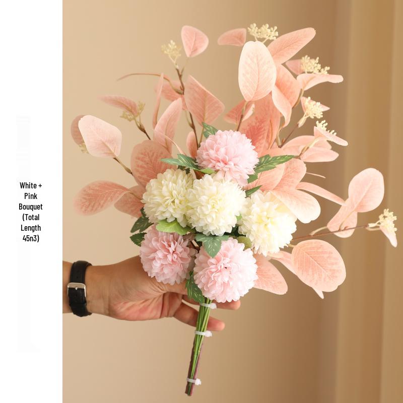 Eucalyptus Ball Chrysanthemum Bouquet in Ceramic Vase - Artificial Dried Flowers for Living Room or Dining Table Decor
