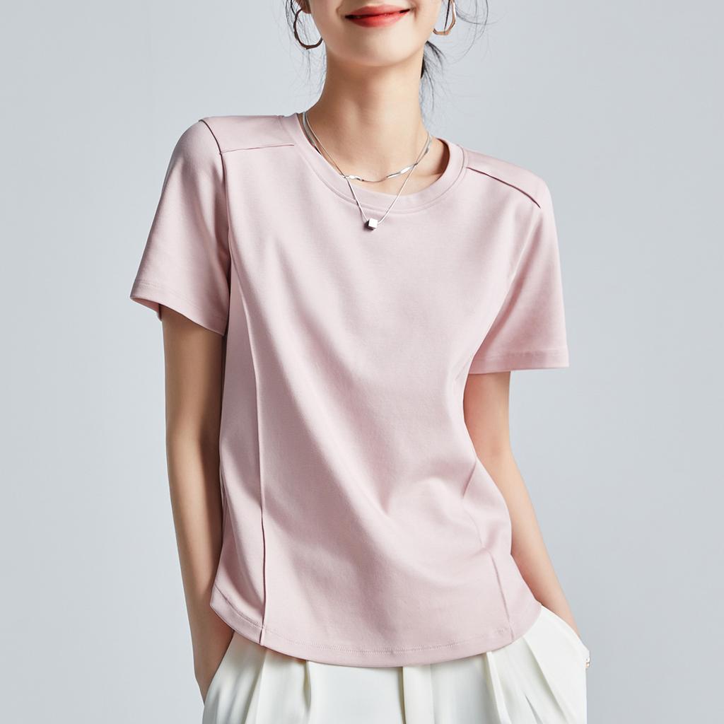 Summer Women's White Mercerized Cotton T-Shirt Stitching Round Neck Basic Top Plus Size Slim Fit Layered Casual Blouse