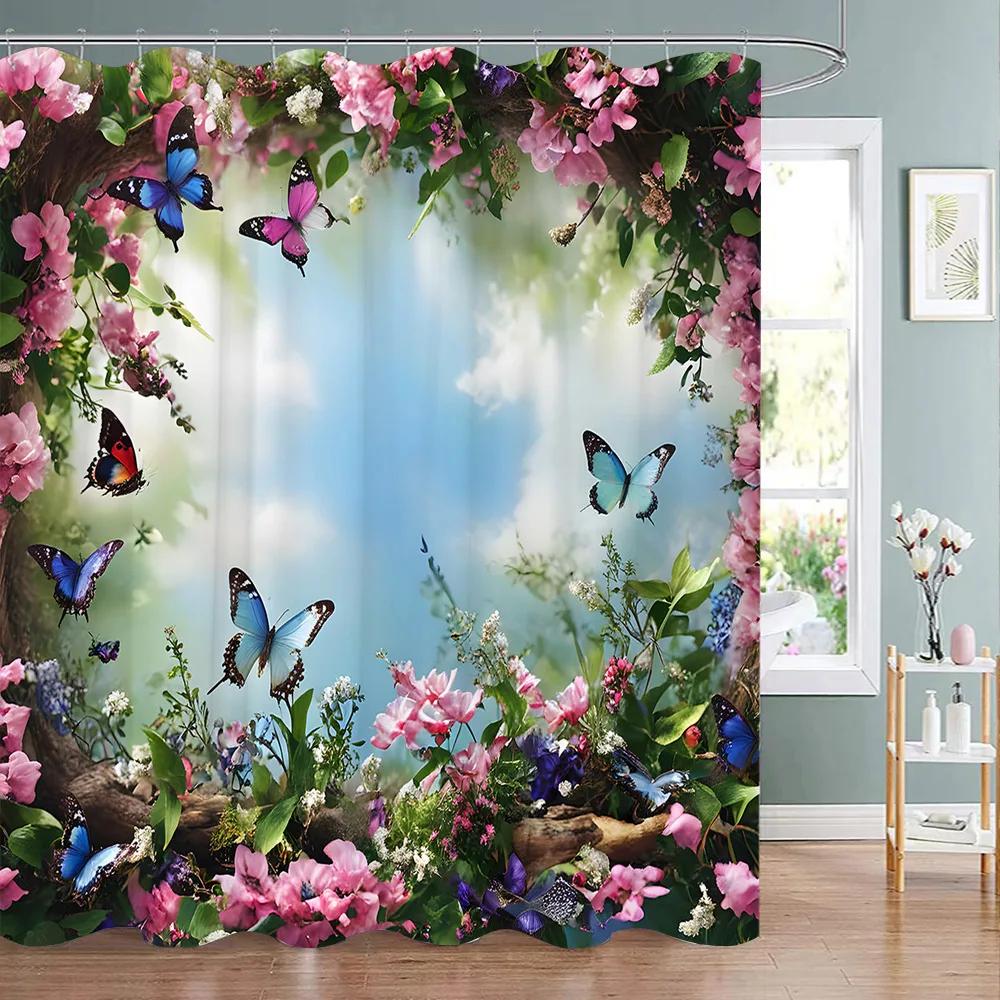 Beautiful Floral And Butterfly Print Shower Curtain Natural Botanical Floral Home Art Shower Curtains Bathroom Decor With Hooks