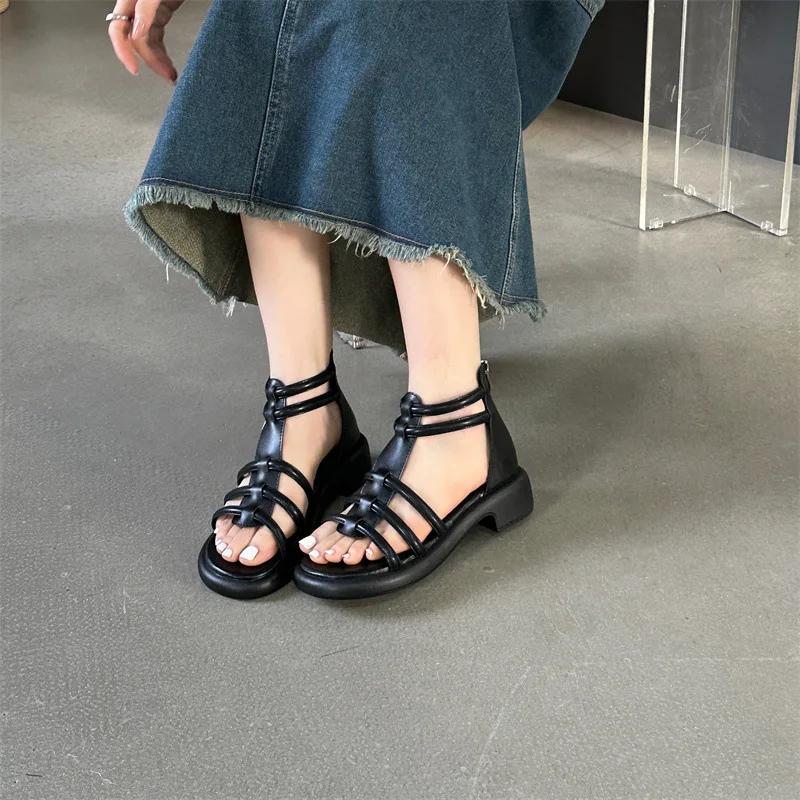 

Модные сандалии на плоской подошве с молнией сзади, новые универсальные женские сандалии на толстом каблуке в римском стиле 40 чёрный