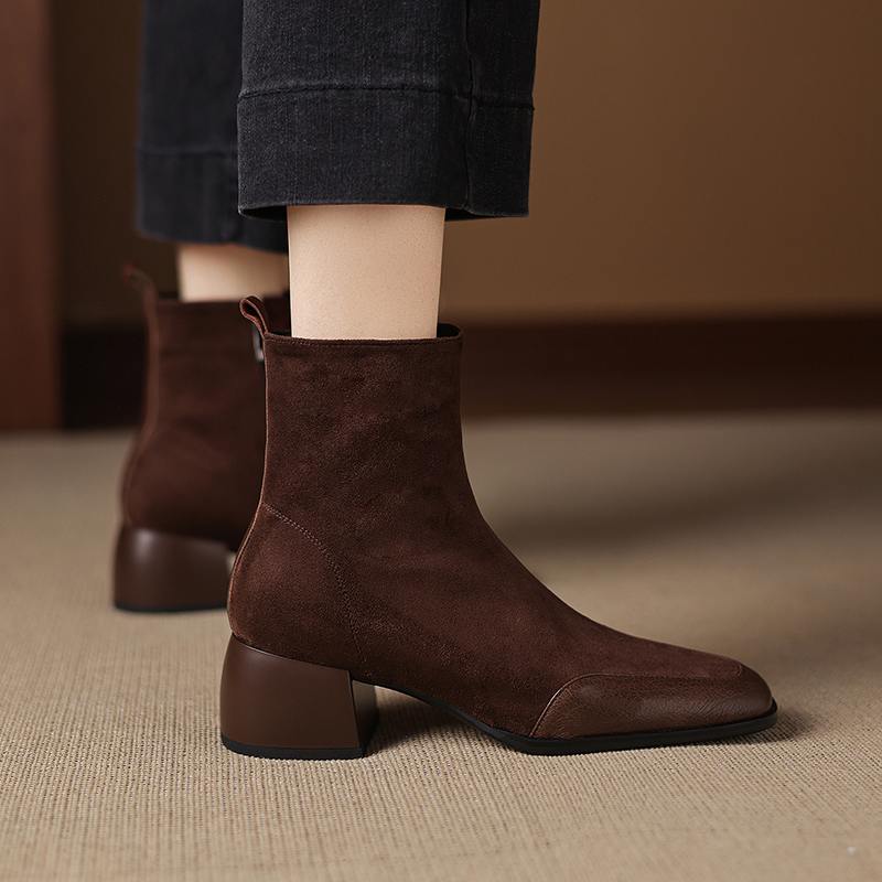 Krazing Pot Sheepskin Flock Winter Square Toe Chunky Heels Chelsea Fashion Boots Women Zip Patch Work Women Ankle Boots