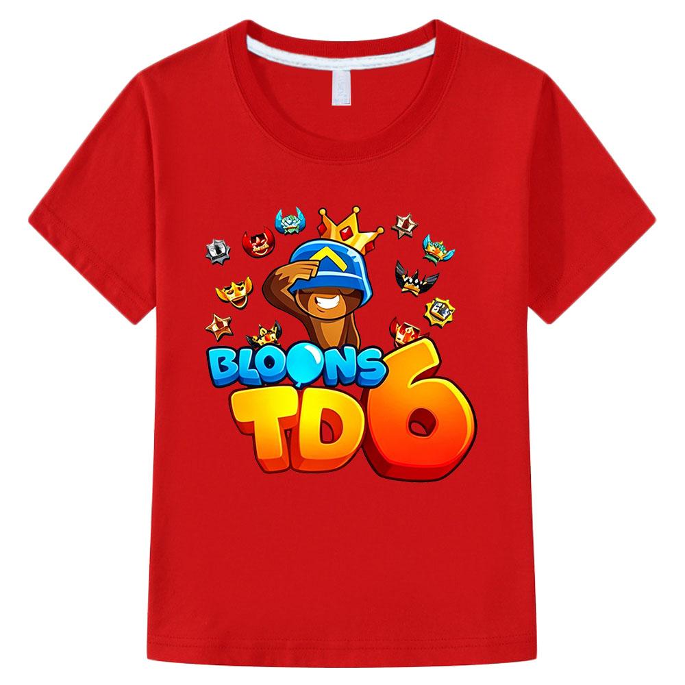 

100% Хлопок Игра Bloons TD 6 Детская Футболка Мультяшный Принт Детские Футболки Уличная Одежда Мальчики Девочки Летние Топы Круглый Вырез Короткий Рукав 100 красный