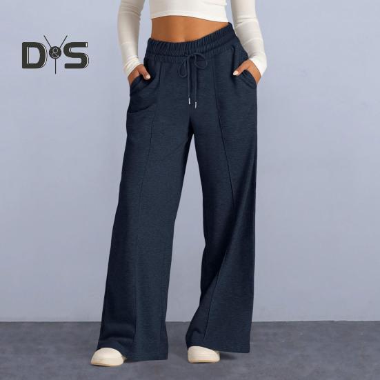 Women Sweatpants Elastic Mid-rise Adjustable Drawstring Straight Wide Leg Jogger Athletic Pants with Pockets Loose Fit Yoga Trousers