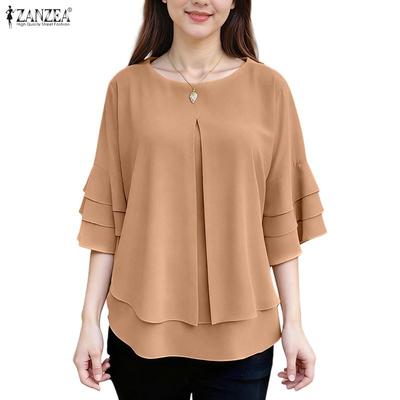 Women Casual Round Neck Solid Color Loose 3/4 Sleeve Blouse