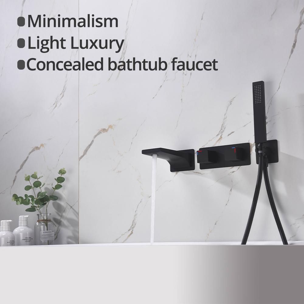Black Wall Mounted Bathroom Faucet with Hand Shower Single Handle Spout Mixer Tap for Bathtub Modern Stylish Bath Faucets