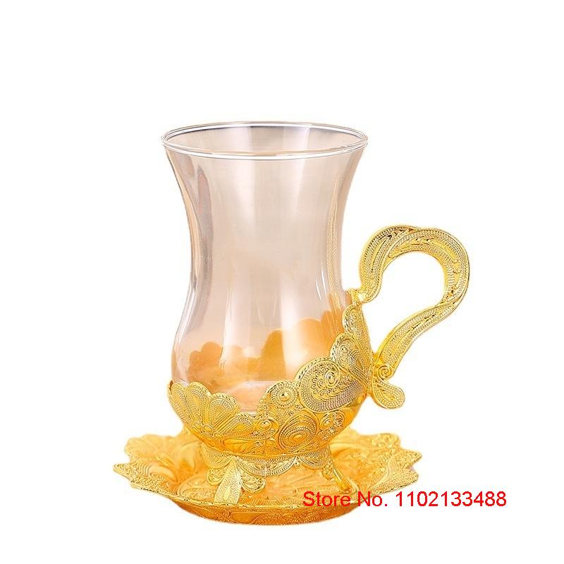 Luxury Gold Coffee Cup And Saucer Set Royal Court Exclusive Glasware Middle East Arabic Black Tea Glass & Dish Set Mug Plate Set